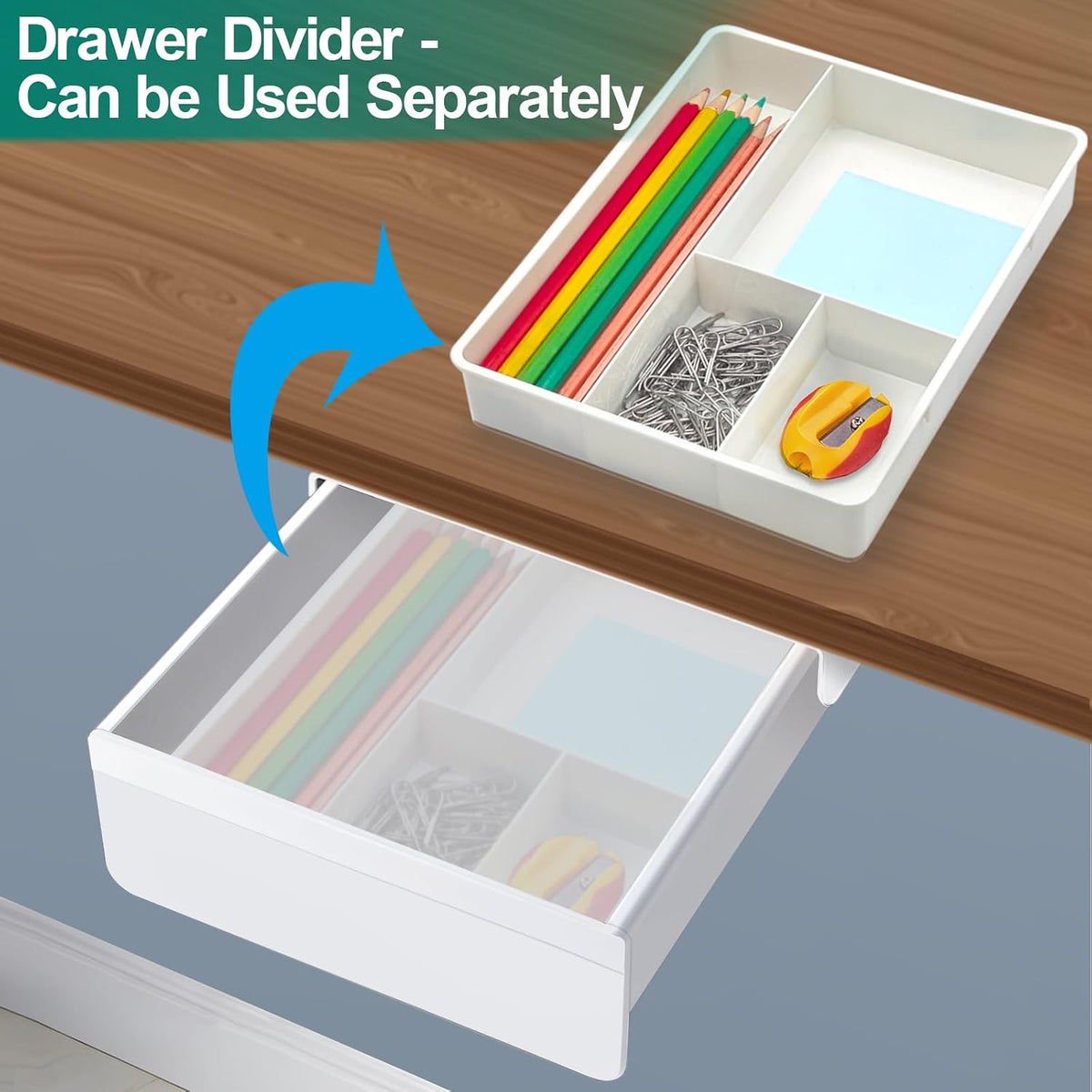 SVNNELP Under Desk Table Drawer Storage Organizer, Slide Out Drawer with 4 Compartments Divider,Pencil Storage Self-Adhesive Tray Under Table (M/White+White)