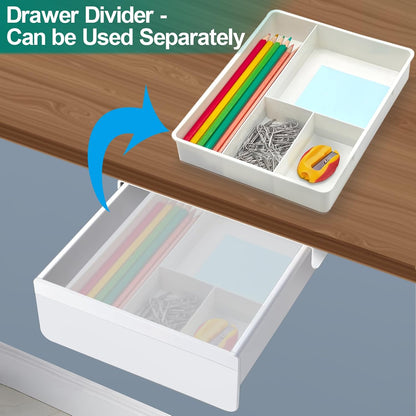 SVNNELP Under Desk Table Drawer Storage Organizer, Slide Out Drawer with 4 Compartments Divider,Pencil Storage Self-Adhesive Tray Under Table (M/White+White)