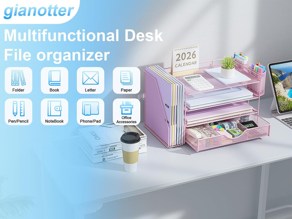 gianotter Desk Organizers and Accessories with File Holder, 4-Tier Desk Accessories & Workspace Organizers with Drawer and 2 Pen Holder, Paper Organizer for Office Supplies (Rose Gold)