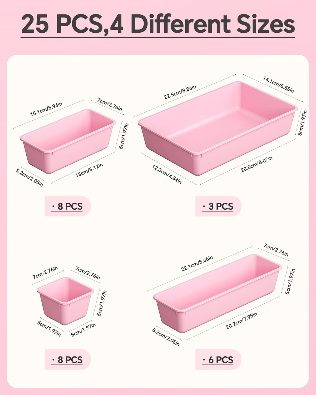 KEMETHY 25 PCS Plastic Drawer Organizers Set, 4 Sizes Vanity Organizer, Makeup and Desk Drawer Organizer Trays, Organization and Storage for Makeup, Bathroom, Kitchen Utensils and Office (Black)
