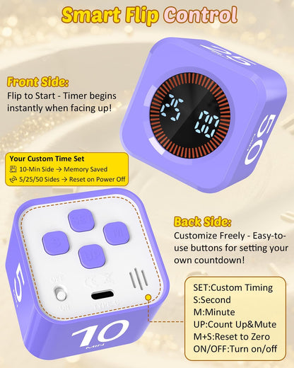 Digital Pomodoro Timer Cube 5/10/25/50min, Visual Productivity Flip Timer for Kids Classroom Desk, Custom Countdown, Silent and Sound Mode for ADHD Study Work Game Kitchen (Purple)
