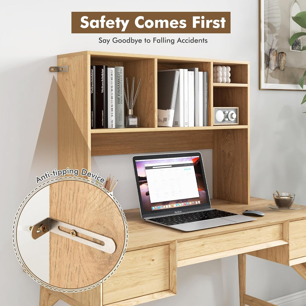 Desktop Bookshelf, Countertop Storage Hutch with 5 Shelves for Computer Desk, Desk 3-Tier Display Rack, Multipurpose Wood Desktop Hutch Storage Organizer for Dorm Office Home