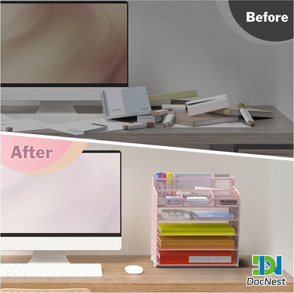 Docnest 5 Tier Mesh Desk Organizer for Paper Office Supplies – Multi-Functional Letter Tray with 5 Adjustable Compartments, 3 Pen Holders, Desktop Storage for Files, Mail, Stationery – Black