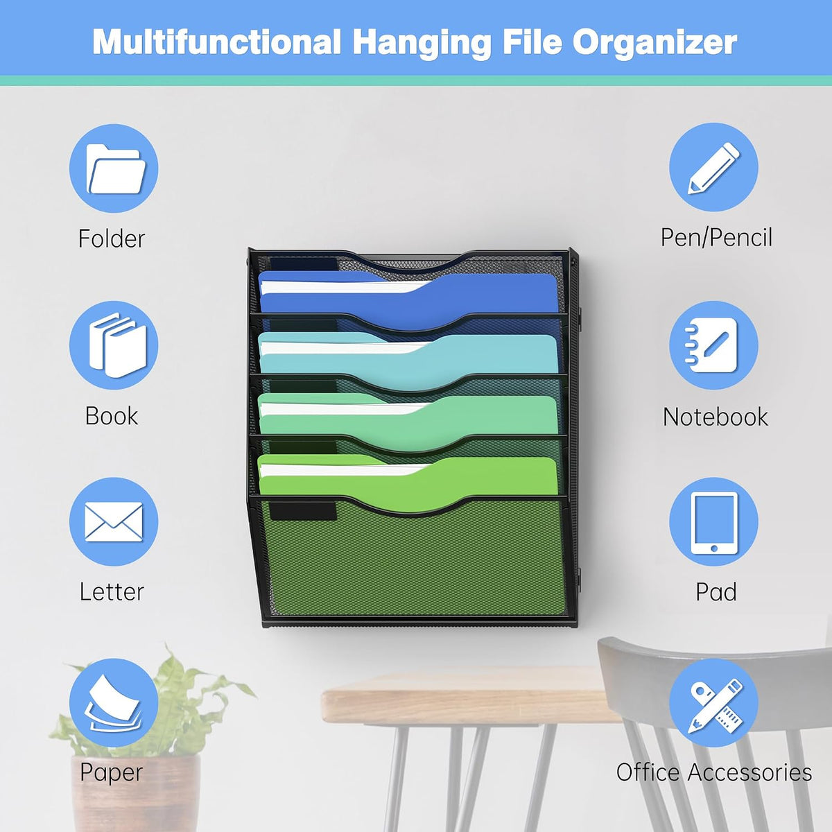 Kuntine.B Wall File Organizer Office Hanging Magazine Holder Wall File Organizer for Office Home (Black, 5 Tier)
