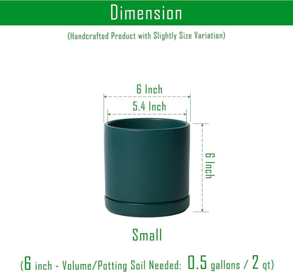 D'vine Dev 4.7 Inch Ceramic Planter Pot with Drainage Hole and Saucer, Indoor Cylinder Round Planter Pot, Teal, 94-O-B-9