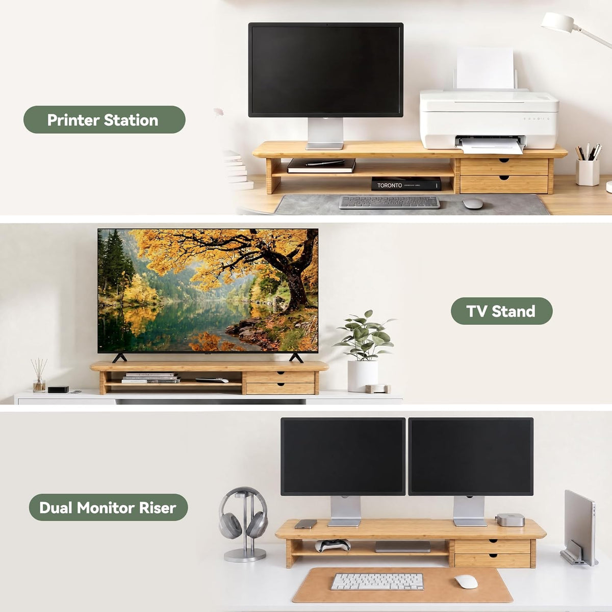 Bamboo Dual Monitor Stand, 39.3 inch Computer Monitor Riser with 2 Drawers, Desk Shelf with Cable Management for Home Office, Printer, Laptop
