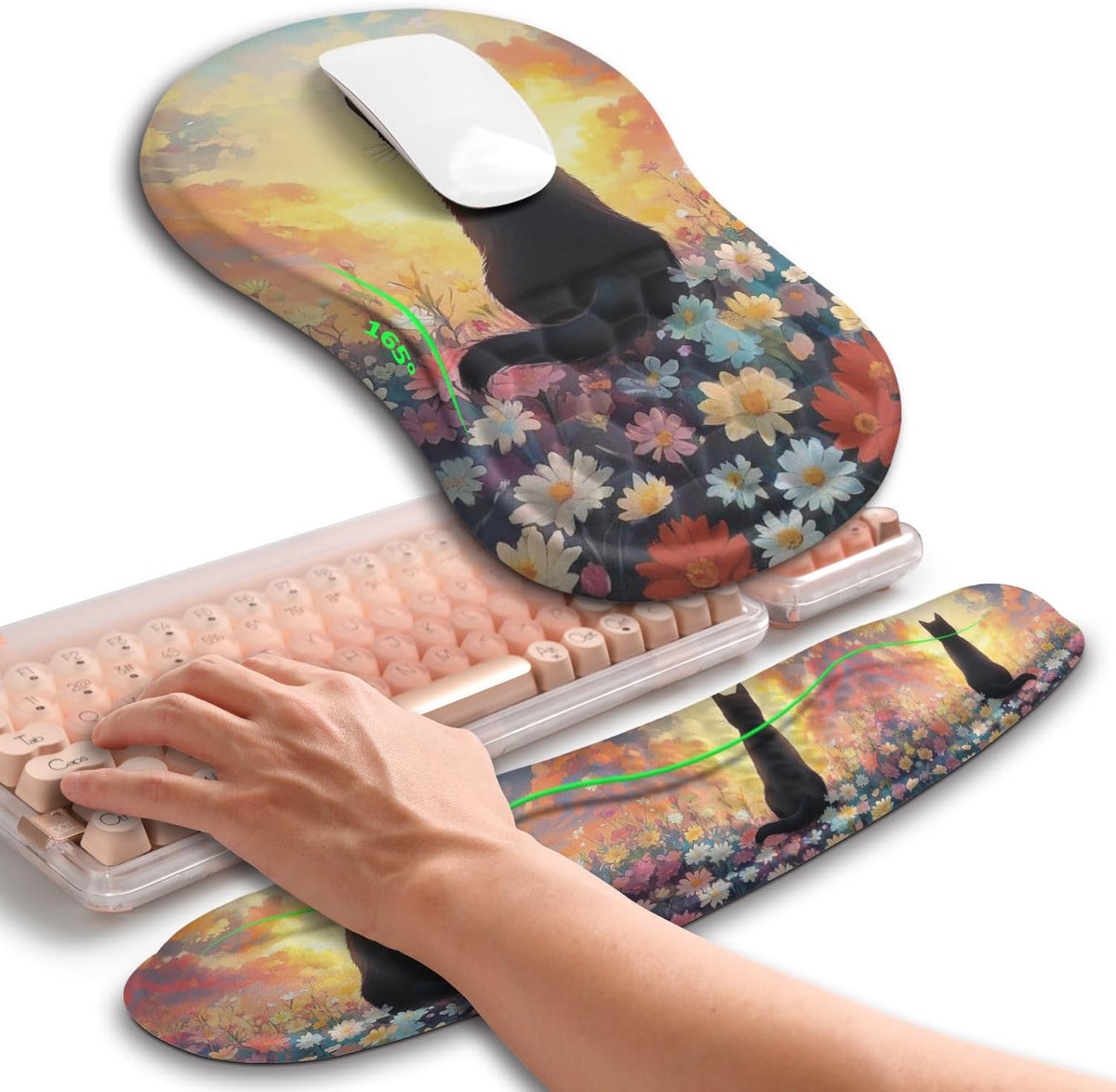 2in1 Combination, Wave Keyboard Wrist Rest and Ergonomic Curvature Mouse Pad Wrist Support for Relieve Wrist Pain, Filled with Soft Cushion Memory Foam, Black