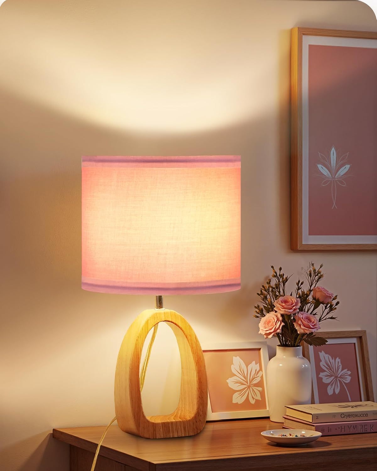Small Table Lamp, 14.2" Cute Little Desk Lamp, Wood Bedside Lamp with Linen Lampshade, Modern Nightstand Lamp for Bedroom, E26 Base, Bulb Not Included, Beige and Dark Natural LE07TL05