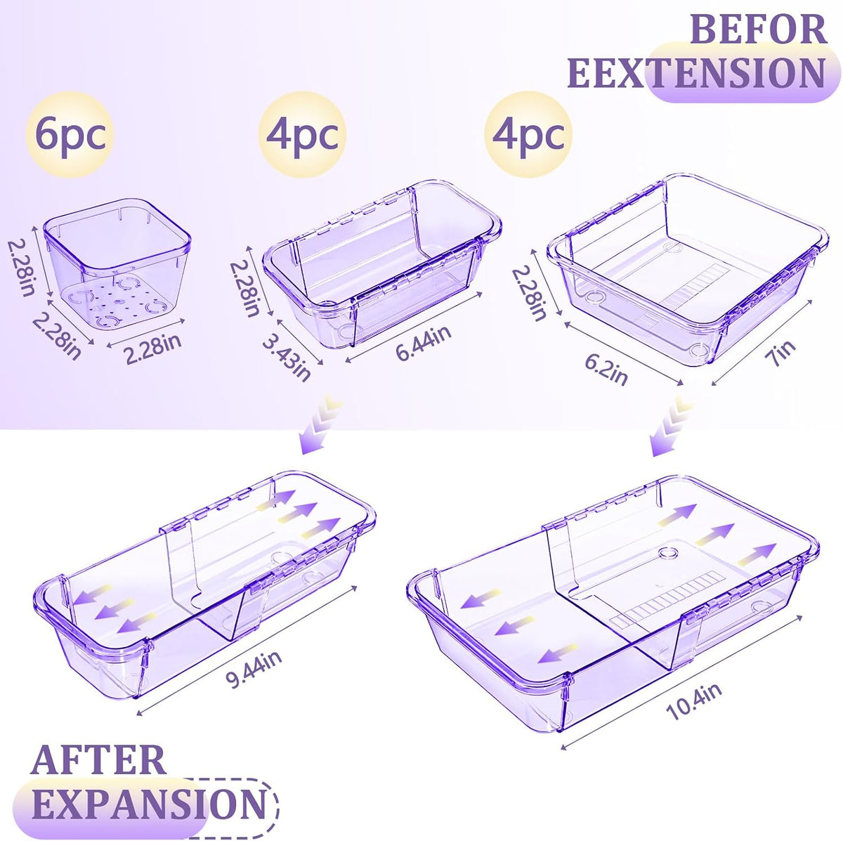 Adjustable Clear Drawer Organizer, Extendable Vanity Storage Bins, Desk Drawer Organizer Set for Makeup, Cosmetics, Bedroom, and Gadgets, Purple