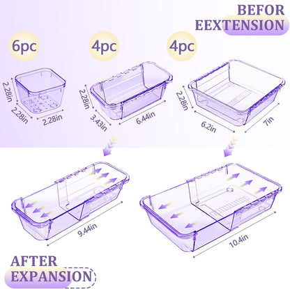 Adjustable Clear Drawer Organizer, Extendable Vanity Storage Bins, Desk Drawer Organizer Set for Makeup, Cosmetics, Bedroom, and Gadgets, Purple