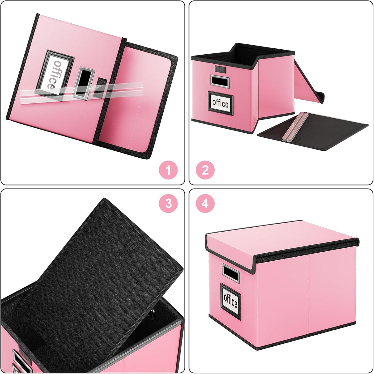 Upgraded Portable File Organizer Box with Lid, Collapsible Linen Hanging Filing Storage Boxes with Plastic Slides, Decorative Home/Office Filing System Box for File and Folders Storage (Gray)