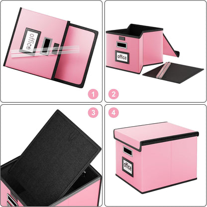 Upgraded Portable File Organizer Box with Lid, Collapsible Linen Hanging Filing Storage Boxes with Plastic Slides, Decorative Home/Office Filing System Box for File and Folders Storage (Gray)