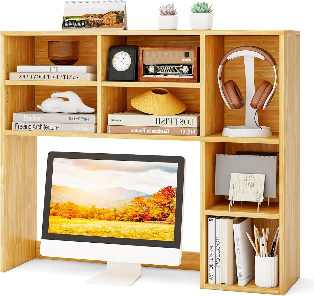 Desktop Bookshelf, Countertop Storage Hutch with 5 Shelves for Computer Desk, Desk 3-Tier Display Rack, Multipurpose Wood Desktop Hutch Storage Organizer for Dorm Office Home