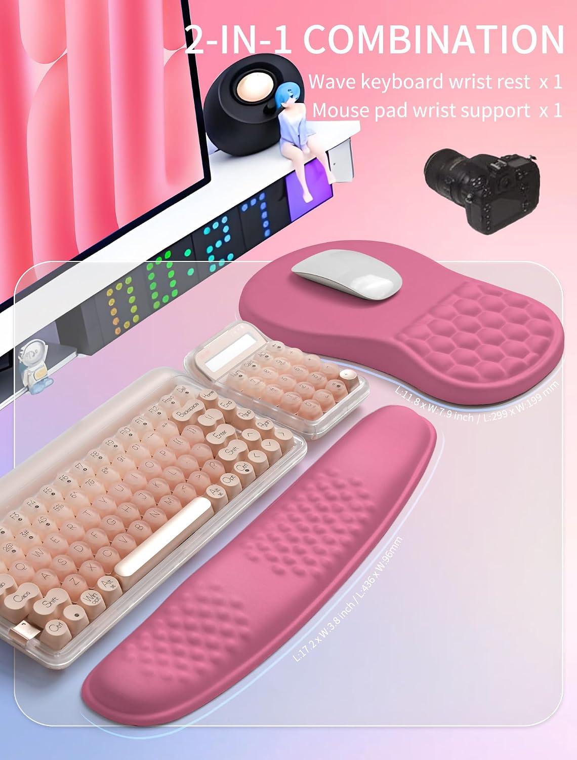 2in1 Combination, Wave Keyboard Wrist Rest and Ergonomic Curvature Mouse Pad Wrist Support for Relieve Wrist Pain, Filled with Soft Cushion Memory Foam, Black