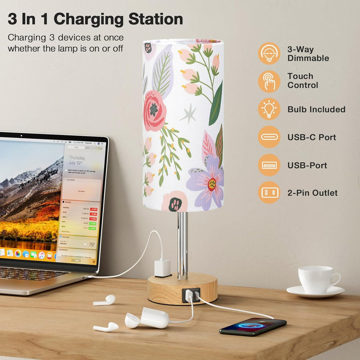 Fenmzee Bedside Table Lamp for Bedroom - Dimmable Touch, USB A+C, AC Outlet