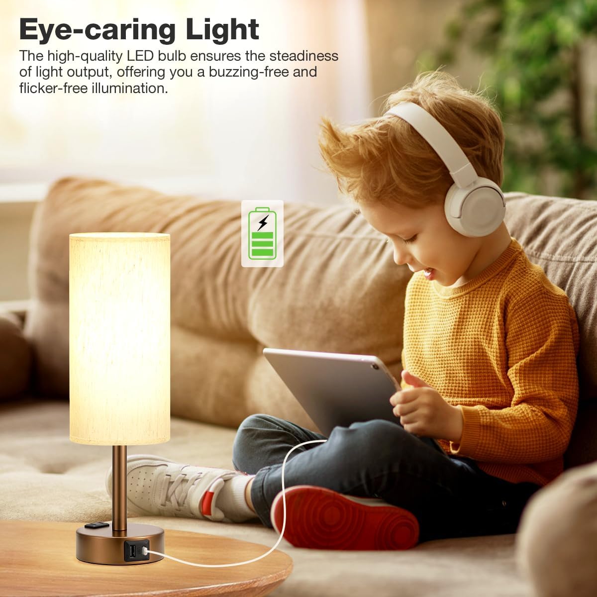 Fenmzee Bedside Table Lamp for Bedroom - Dimmable Touch, USB A+C, AC Outlet