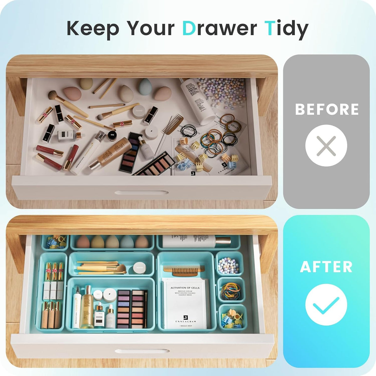 A-LuGei 【Military Grade】 Drawer Organizer, 【𝟱𝗦𝗶𝘇𝗲】 Makeup organizer, 【Holds 177 Items】 Bathroom Organizers and Storage, Organization and Storage, Desk Drawer Organizer for Vanity (Clear)