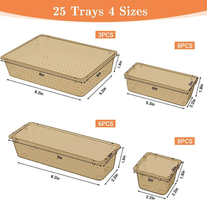 SpaceHacks 25 PCS Plastic Drawer Organizer Set, 4-Size Versatile Organizer Tool Trays & storage Bins for Makeup, Jewelry, and Gadgets in Bathroom, Bedroom and Office,Clear Black