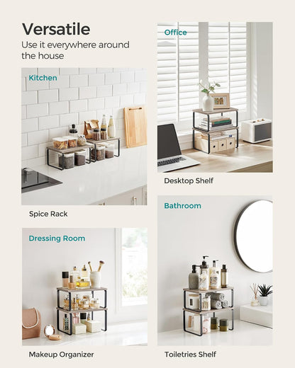 SONGMICS Cabinet Organizer Shelf, Set of 4 Kitchen Counter Shelves, Kitchen Storage, Spice Rack, Stackable, Expandable, Metal and Engineered Wood, Cloud White and Natural Beige UKCS010N01