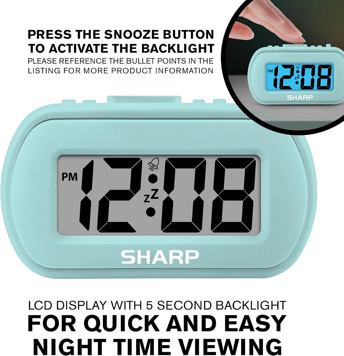 Sharp Digital Alarm Clock – Tactile Plastic Case with Soft Rubberized Finish - Battery Operated – Blue Backlight on Demand – Ascending Alarm – Easy to Use – Charcoal Black