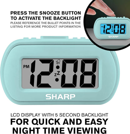 Sharp Digital Alarm Clock – Tactile Plastic Case with Soft Rubberized Finish - Battery Operated – Blue Backlight on Demand – Ascending Alarm – Easy to Use – Charcoal Black