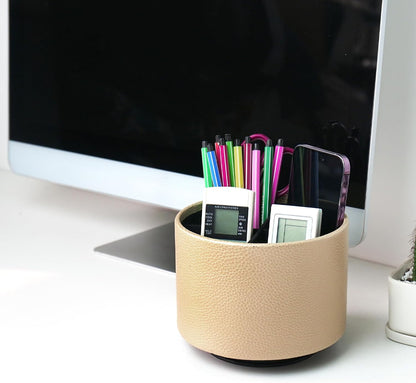 Round Leather Art Supply Organizer,Remote Control Holder,360 Degree Rotating,Multi-Functional Pencil Holder,4 Compartments Desktop Stationary Organizer(1-Blue Bird) - Colors A