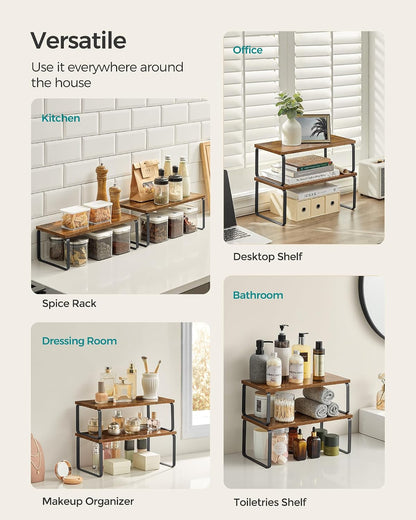 SONGMICS Cabinet Organizer Shelf, Set of 4 Kitchen Counter Shelves, Kitchen Storage, Spice Rack, Stackable, Expandable, Metal and Engineered Wood, Cloud White and Natural Beige UKCS010N01