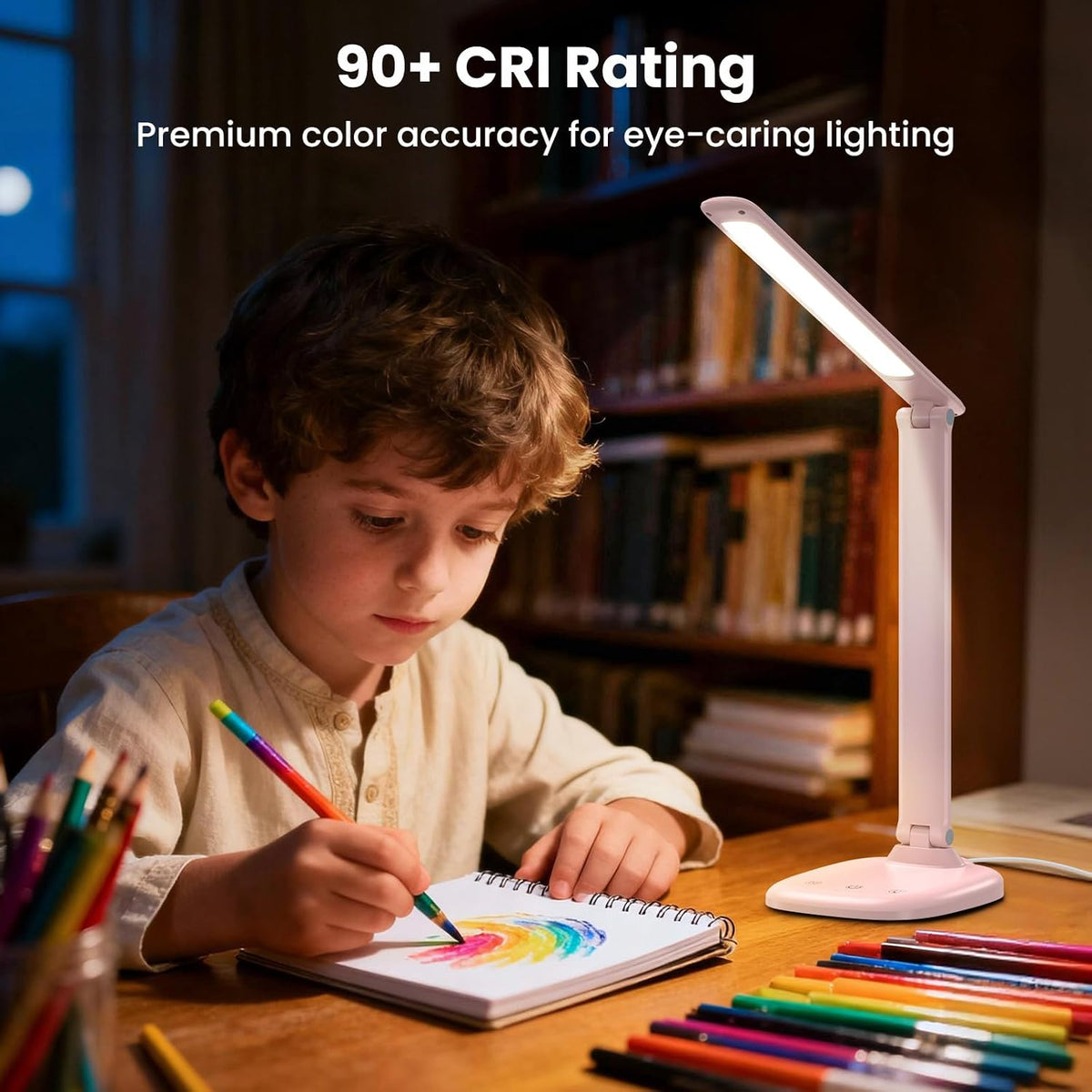 Desk Lamp with Charger, 10%-100% Stepless Dimmable & 5 Color Modes Study Lamp, Touch Control, 30-/60-minute Timer, USB Charging Output Port, CRI≥90, Eye-Caring Foldable LED Desk Lamps for Home Office