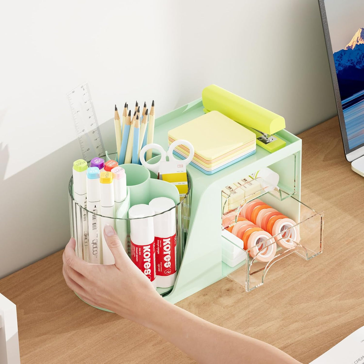 Marbrasse Desk Organizer with 2 Drawer, 360°Rotating Pen Holder, Desk Organizers and Accessories with 6 Slots Pencil Organizer + 2 Drawer, Art Supply Storage Box Caddy for Office (White)