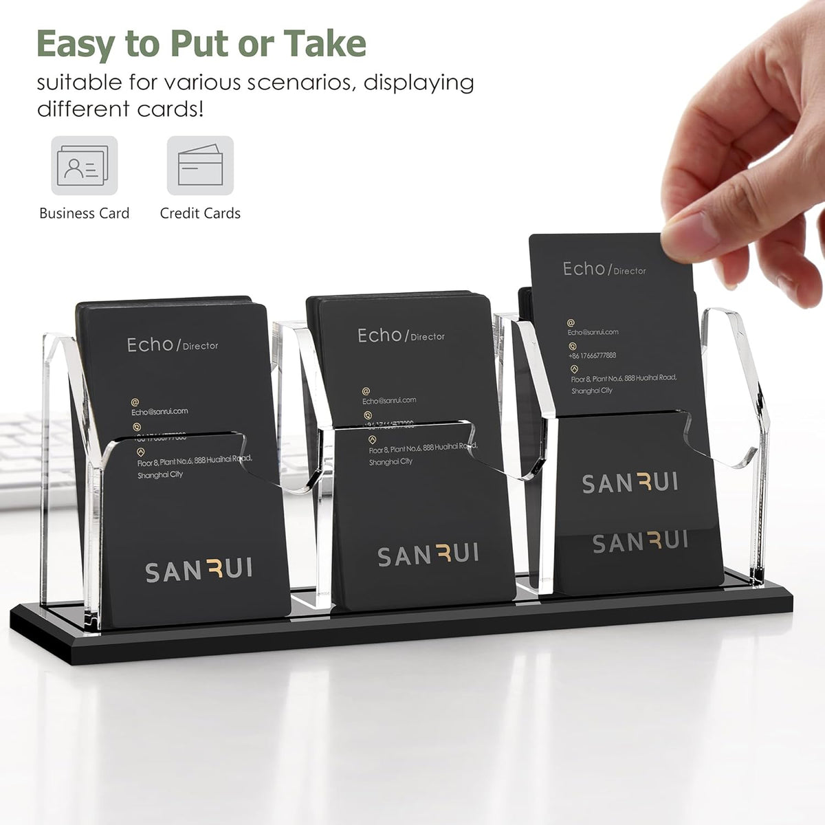 Black Business Card Holder for Desk 1 Slot Clear Acrylic Horizontal