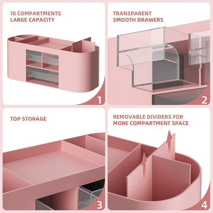 Marbrasse Desk Organizer Pen Holder for Desk with 3 Drawers, Multi-Functional Pencil Holder, Desk Organizers and Accessories with 7 Compartments for Home, School, Classroom(Pink)