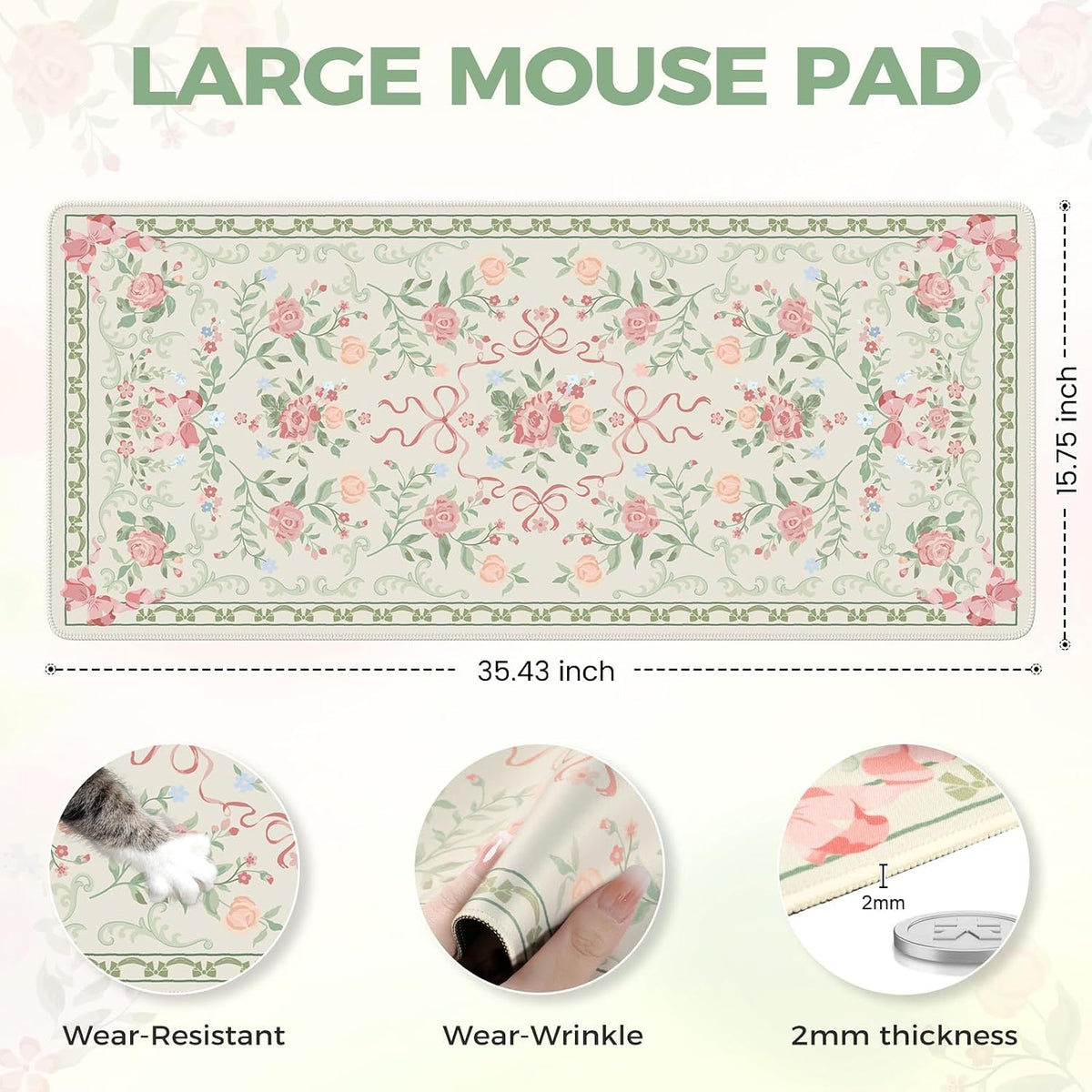 Desk Mat,Mouse Pad for Office Desk,35.4x15.7in,Pink Flowers