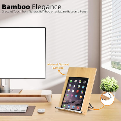 wishacc Large Bamboo Document Holder for Desk - 5 Adjustable Angles Paper Stand for Typing, Oversized Copyholder & Desktop Easel with 2 Page Clips, Foldable Sheet Holder for Legal Pad