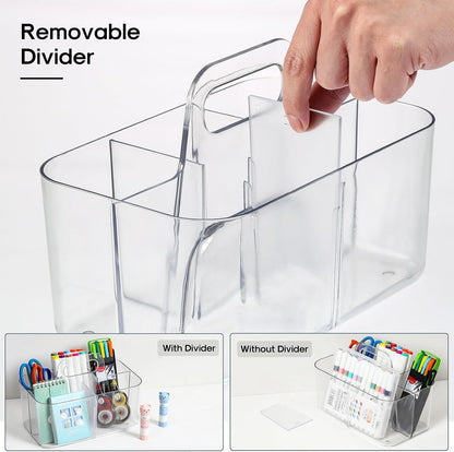 Multiuse Caddy Organizer with Handle, Portable Divided Plastic Tote Bin - Art Craft, Stationary Pen Marker Crayons, Makeup Hair Supplies Storage - Bathroom, Classroom, Dorm, Office, Desk Holder -Black