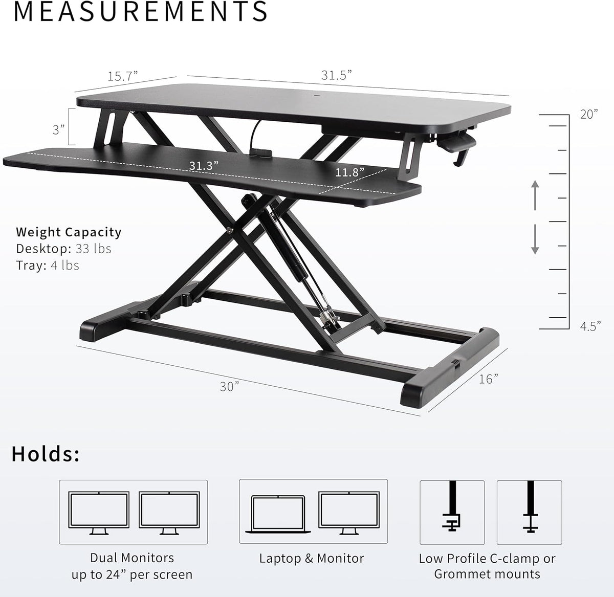 Black 32 in Standing Desk Converter, DESK-V000K