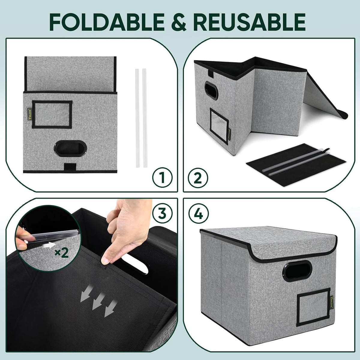 BALEINE File Organizer Box with Lid, Collapsible File Folder Organizer with Plastic Slide, Hanging File Folder Box for Office Document Storage (Black)