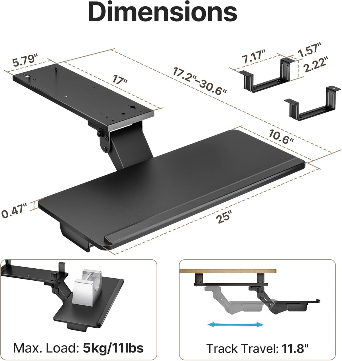 PEGZONE Keyboard Tray Under Desk Slide Out, 25 x 11 inch, Black | with Storage Drawer, Height Adjustable Swivel Tilt, Ergonomic Under Desk Mount Keyboard & Mouse Holder for Gaming Home Office