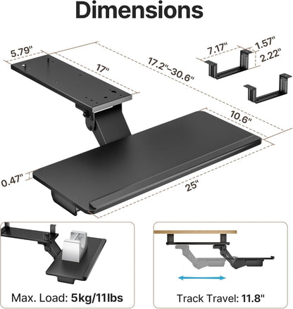 PEGZONE Keyboard Tray Under Desk Slide Out, 25 x 11 inch, Black | with Storage Drawer, Height Adjustable Swivel Tilt, Ergonomic Under Desk Mount Keyboard & Mouse Holder for Gaming Home Office