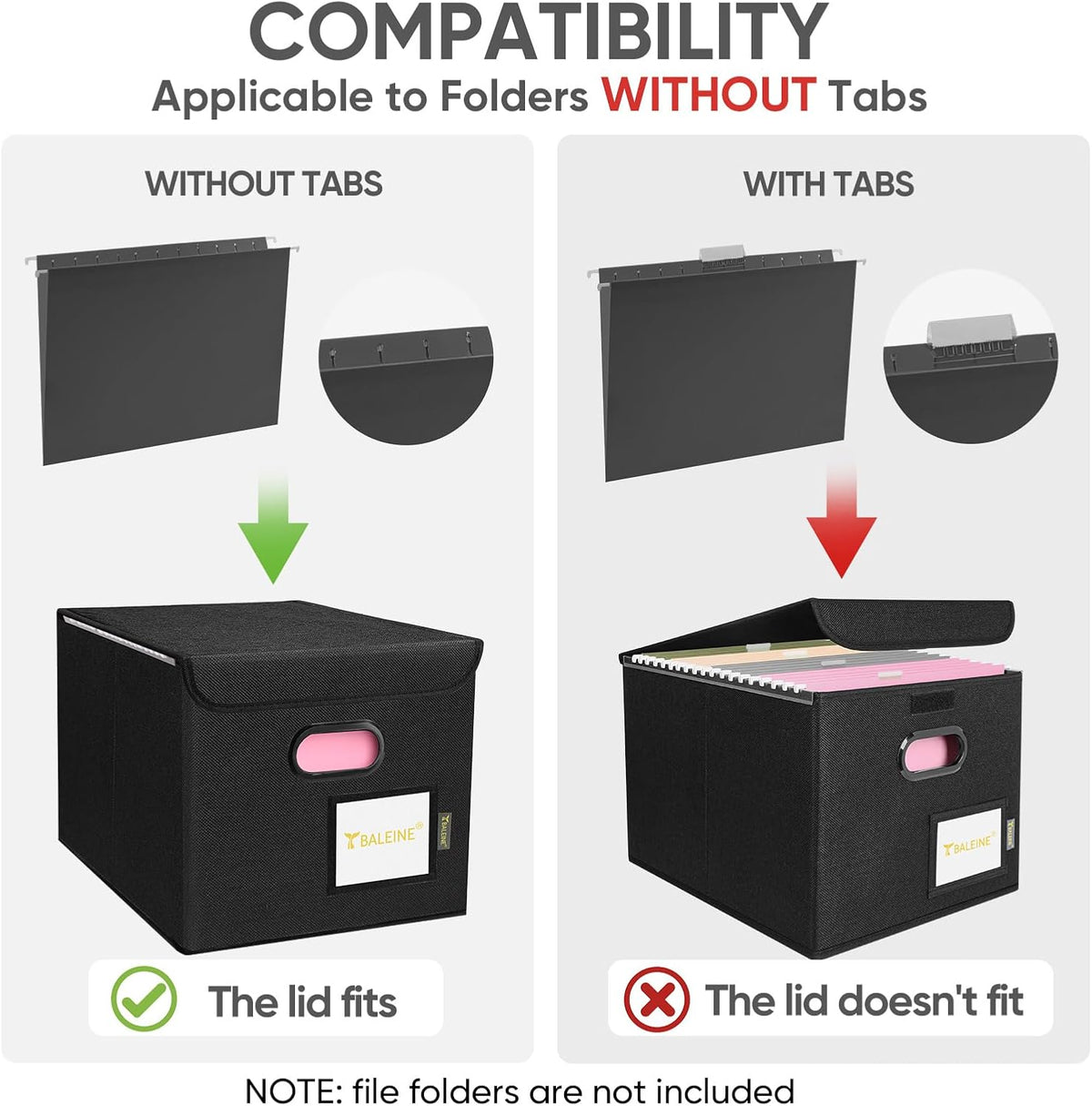 BALEINE File Organizer Box with Lid, Collapsible File Folder Organizer with Plastic Slide, Hanging File Folder Box for Office Document Storage (Black)