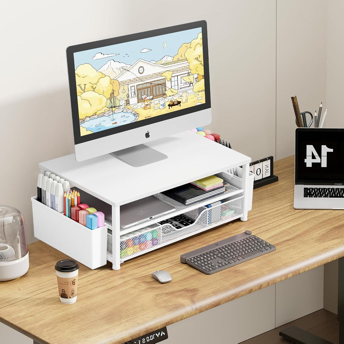 Desk Organizers and Accessories, Computer Monitor Stand Riser with Drawer and 2 Pen Holders, Printer & Laptop Stand, Office Desk Accessories & Workspace Organizers for Home Office Supplies, Black
