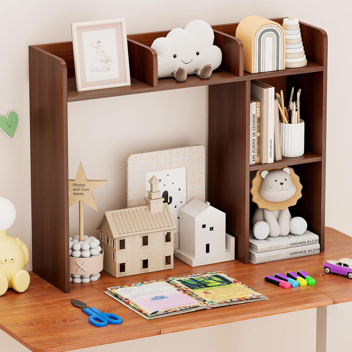 Desktop Bookshelf, Countertop Storage Hutch with 5 Shelves for Computer Desk, Desk 3-Tier Display Rack, Multipurpose Wood Desktop Hutch Storage Organizer for Dorm Office Home
