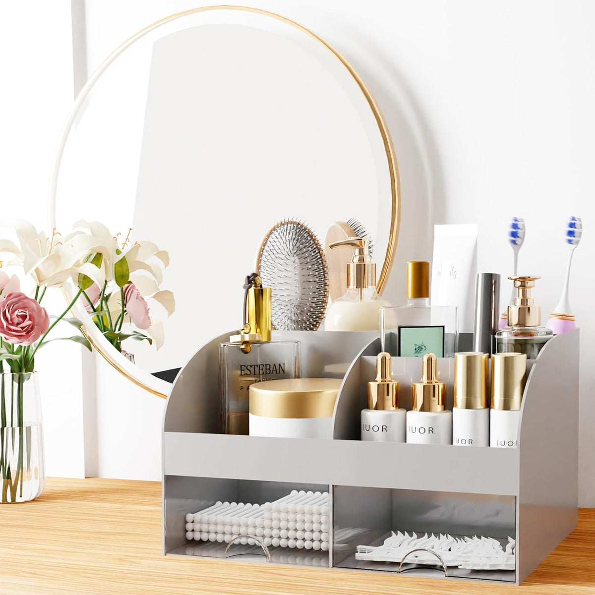 Makeup Organizer with Drawers, Cosmetic Storage for Dresser Vanity and Bathroom Countertop, Beauty Holder for Lipstick Brush, Skincare Organizer for Vanity, Cosmetic Display Case (White)