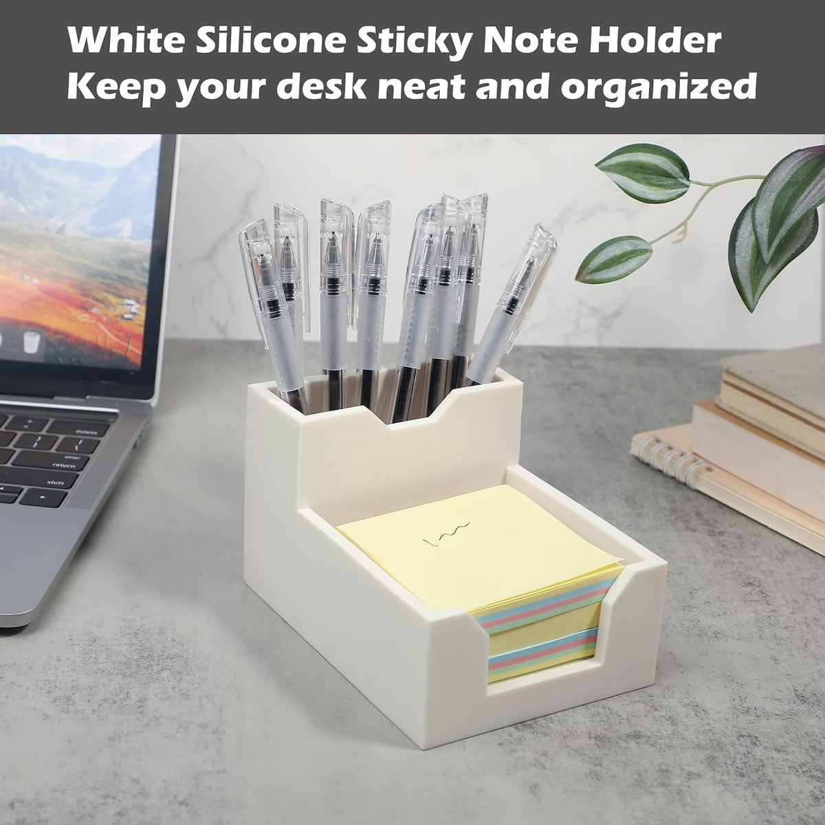 Black Sticky Note Holder, Silicone Memo Holder with Pen or Card Slots, Sticky Note Dispenser, Fits 3x3 Inches Sticky Notes