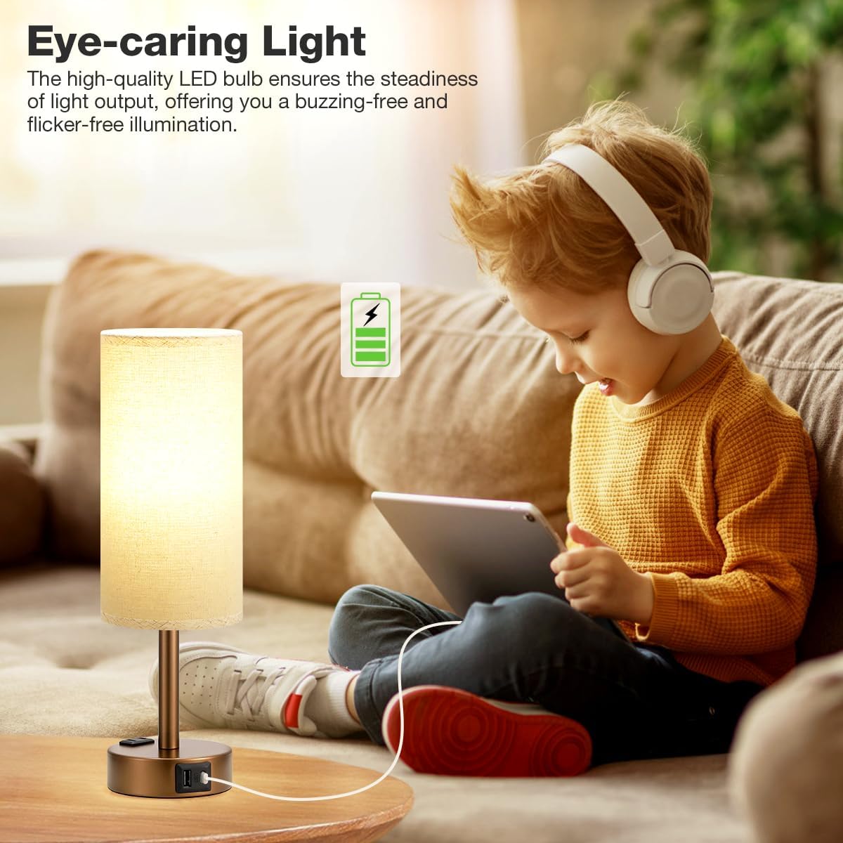 Fenmzee Bedside Table Lamp for Bedroom - Dimmable Touch, USB A+C, AC Outlet