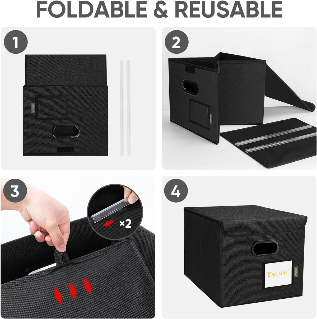 BALEINE File Organizer Box with Lid, Collapsible File Folder Organizer with Plastic Slide, Hanging File Folder Box for Office Document Storage (Black)