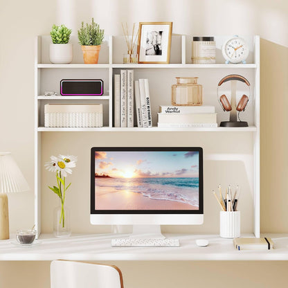 Desktop Bookshelf, Countertop Storage Hutch with 5 Shelves for Computer Desk, Desk 3-Tier Display Rack, Multipurpose Wood Desktop Hutch Storage Organizer for Dorm Office Home
