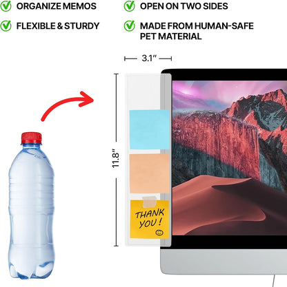 Monitor Memo Board 2Pcs - Flexible Clear PET Computer Screen Sticky Note Holder - Side Panel Message Organizer - Versatile Office Desk Accessories - Cool Home Office Supplies - 3.1" x 11.8"