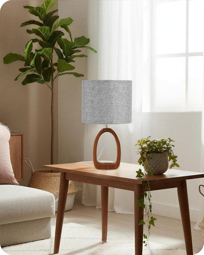 Small Table Lamp, 14.2" Cute Little Desk Lamp, Wood Bedside Lamp with Linen Lampshade, Modern Nightstand Lamp for Bedroom, E26 Base, Bulb Not Included, Beige and Dark Natural LE07TL05