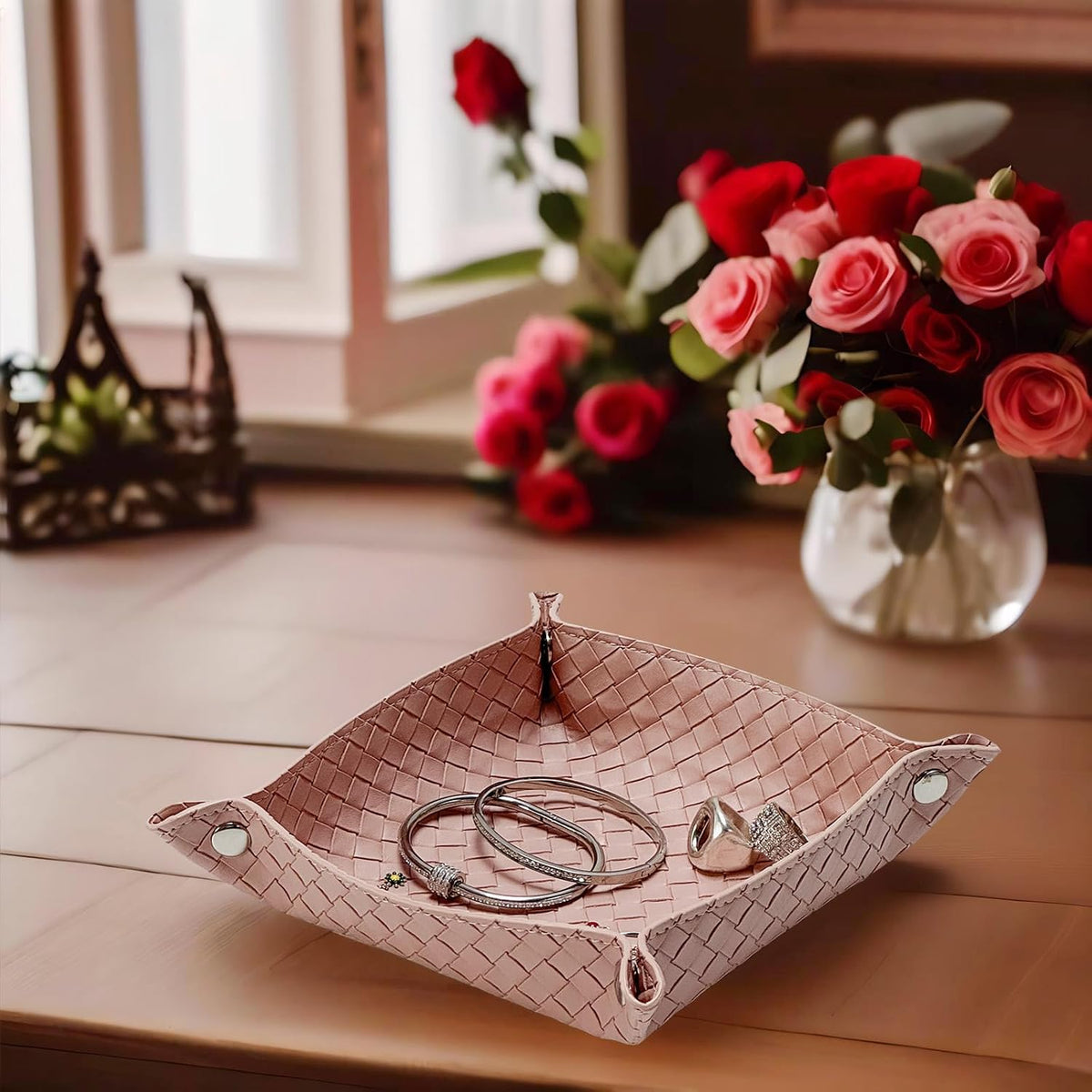 UnionBasic Small Valet Tray, Jewelry Tray for Rings Watches Earrings, Entryway Catchall Caddy for Coins Keys Change, Nightstand Bedside Valet Holder, Trays for Electronic Gadgets, Beige - Colors B