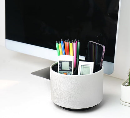 Round Leather Art Supply Organizer,Remote Control Holder,360 Degree Rotating,Multi-Functional Pencil Holder,4 Compartments Desktop Stationary Organizer(1-Blue Bird) - Colors A